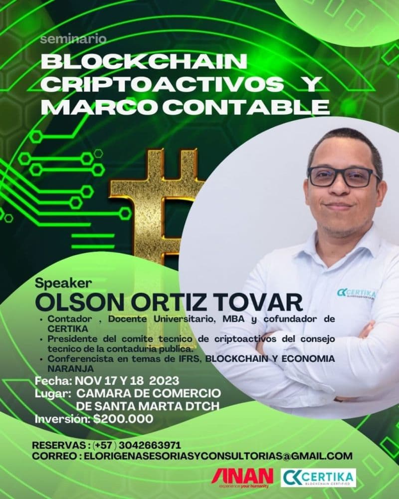 Afiche de Olson Ortiz como conferencista en un seminario de blockchain y criptoactivos